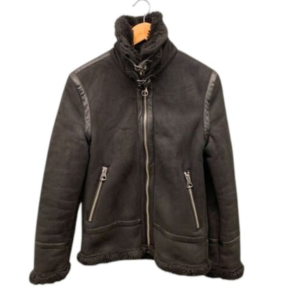 H&M Sherpa Faux Fur Lined Suede Jacket Women’s XS Black Cozy Winter Coat - Picture 1 of 12